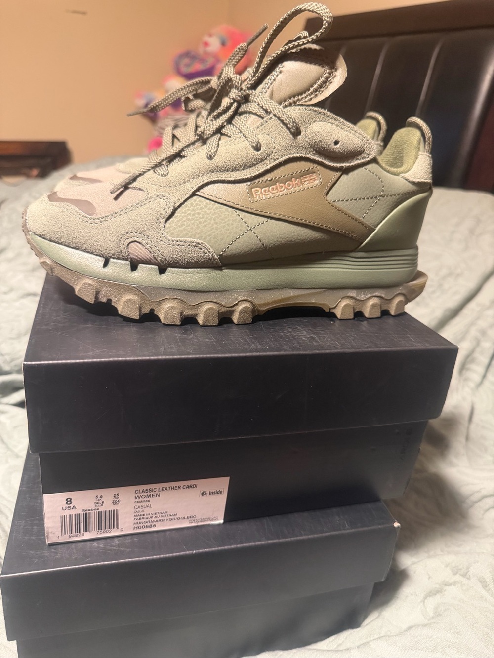 Cardi B Reebok Olive Green Trail Runner Sneakers with Tan Accents